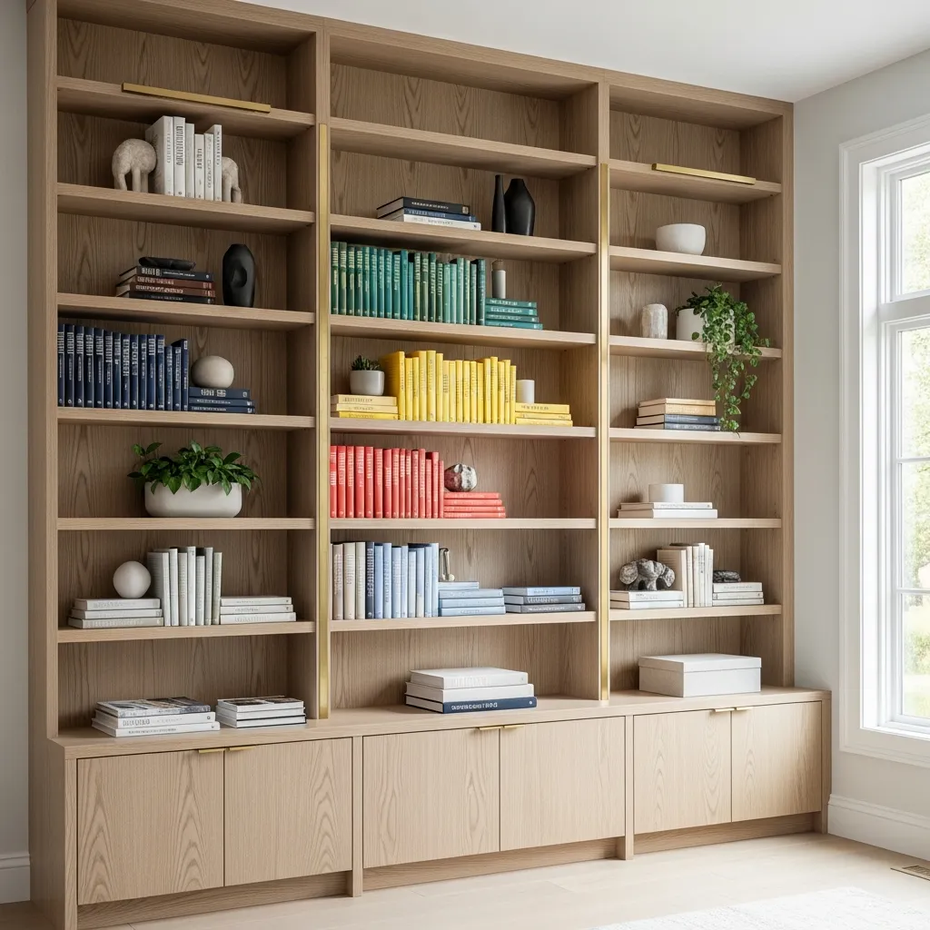Floor to ceiling white oak bookshelf with adjustable shelving and brass accents