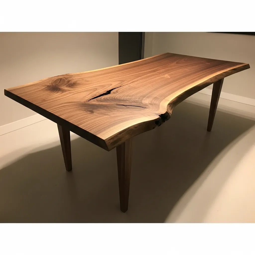 Handcrafted solid walnut dining table with live edge and tapered legs